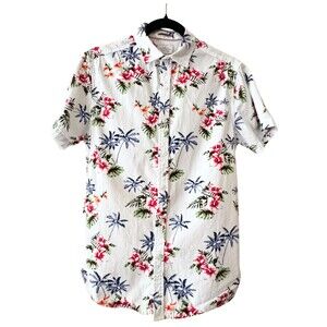 Denim & Flower Ricky Singh Slim Fit White Tropical Print Button Up Shirt Mens M